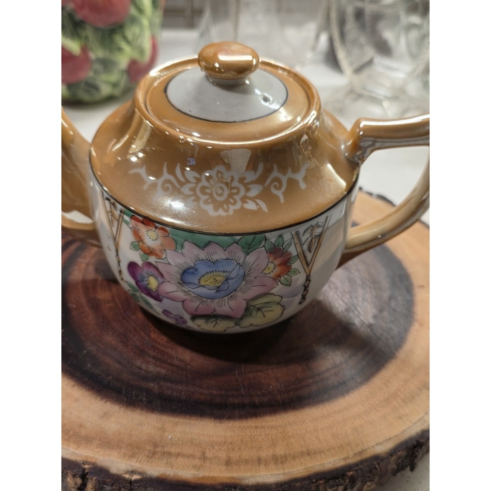 Vintage Japan Brown Floral Handpainted Lusterware Tea Pot With Lid - Picture 9 of 16